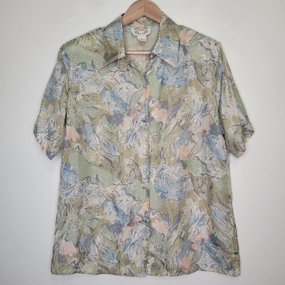 Metro Express 100% Silk Flowey Button Short Sleeve Top, Size L - Picture 2 of 10